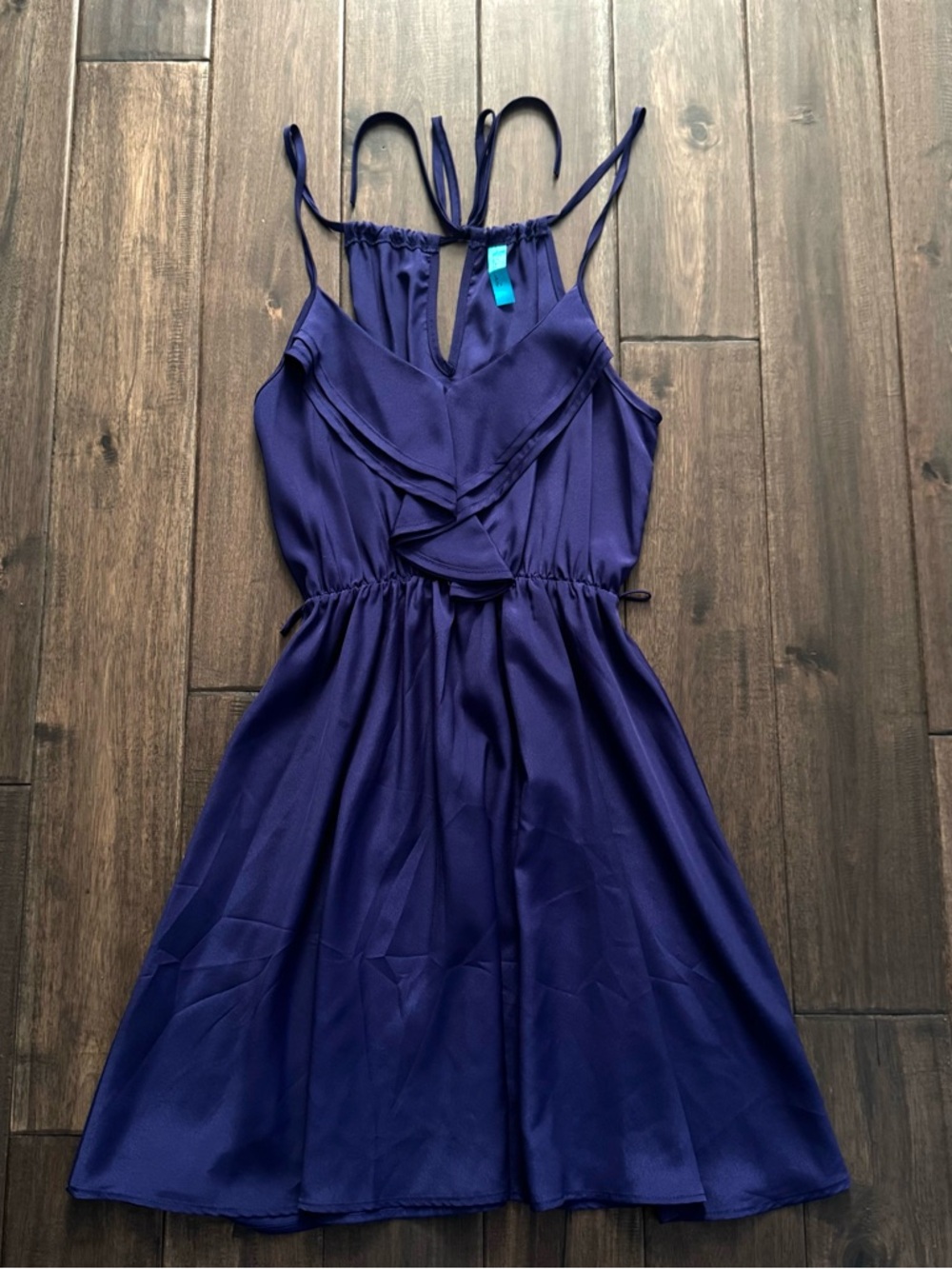 Buttons Deep Blue Strappy Sleeve Ruffle Dress